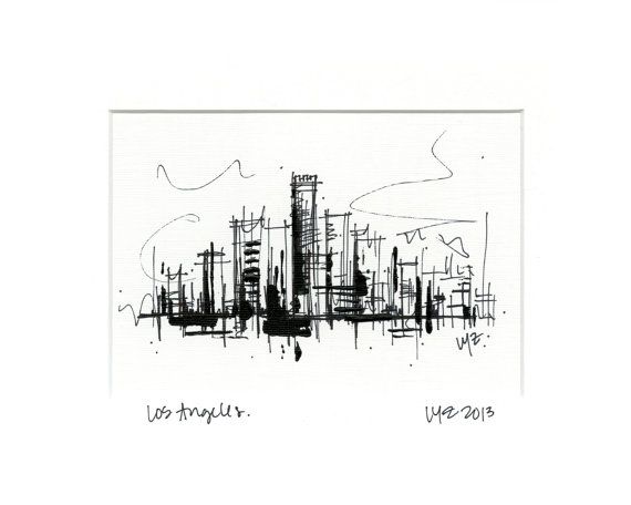 570x456 Los Angeles Skyline Black Amp White Ink Sketch With Acrylic Paint - Los Angeles Skyline Sketch