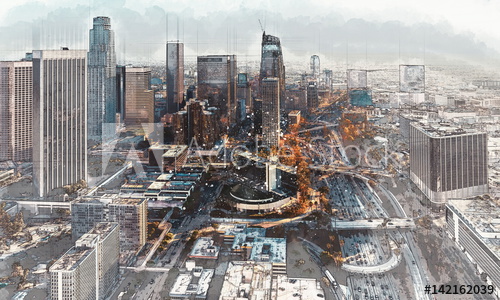 500x300 Sketch Of Downtown Los Angeles - Los Angeles Skyline Sketch