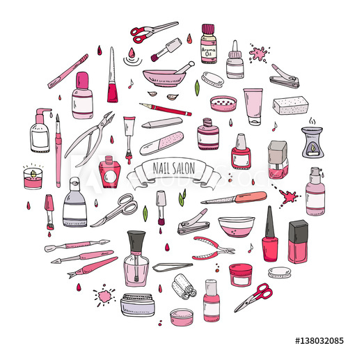500x500 Hand Drawn Doodle Nail Salon Icons Set. Vector Illustration - Lotion Sketch