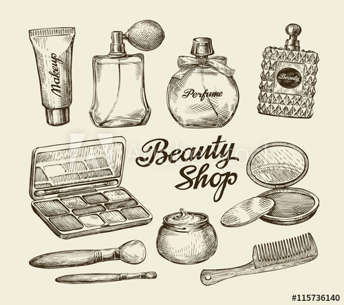 500x443 Hand Drawn Vintage Womens Cosmetics. Sketch Perfume, Powder, Comb - Lotion Sketch