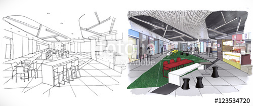 500x209 Outline Sketch Drawing And Paint Of A Interior Space, Lounge - Lounge Sketch
