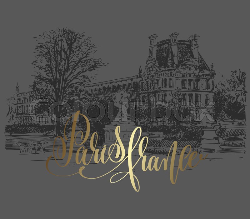 800x701 Paris France Golden Lettering Inscription On Dark Background With - Louvre Sketch