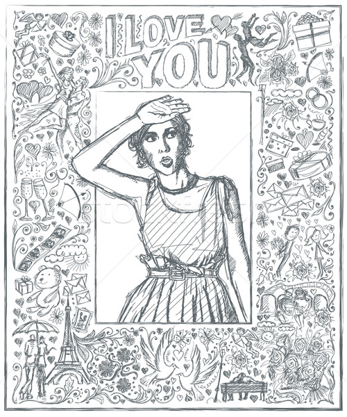 500x600 Sketch Surprised Girl Looking For Something Against Love Story B - Love Story Sketch