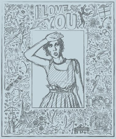 379x454 Sketch Surprised Girl Looking For Something Against Love Story - Love Story Sketch