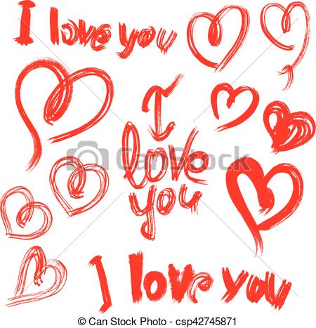 450x467 Set Of Brush Strokes And Scribbles In Heart Shapes And Words I - Love You Sketch
