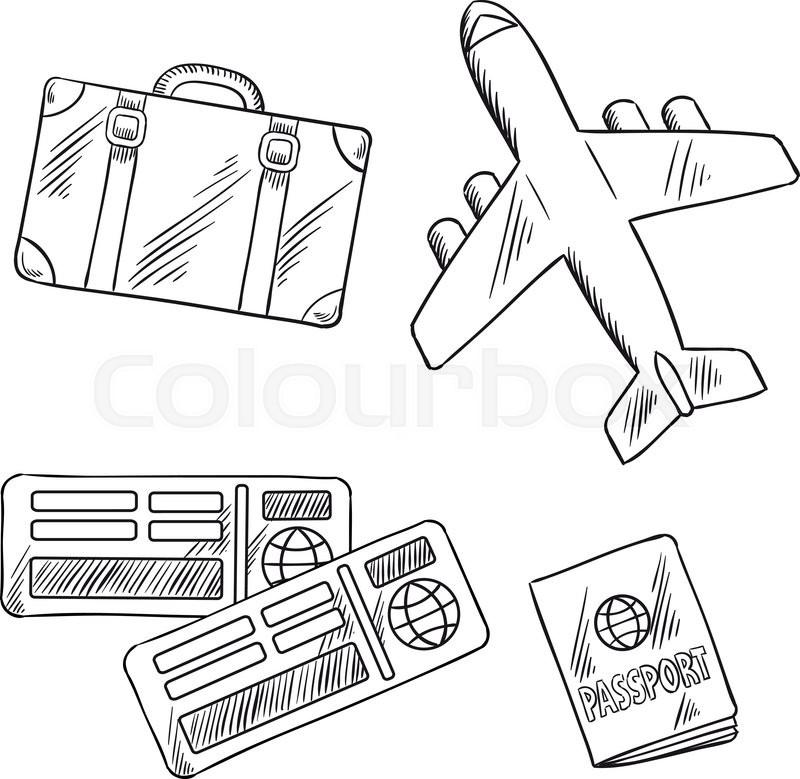 800x779 Air Travel Or Vacation Journey Sketch Icons With Airplane, Luggage - Luggage Sketch
