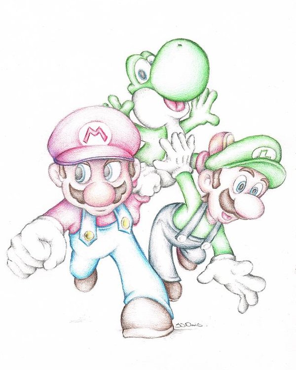 600x750 Super Mario With Luigi Yoshi Coloured Pencil Drawing Poster By - Luigi Sketch