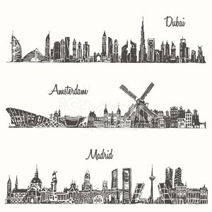 300x300 Set Skylines Dubai Madrid Amsterdam Drawn Sketch Stock Vectors - Madrid Sketch