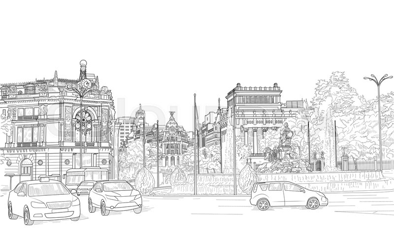 800x482 Sketch Of A Street In Madrid, The Capital Of Spain Stock Vector - Madrid Sketch