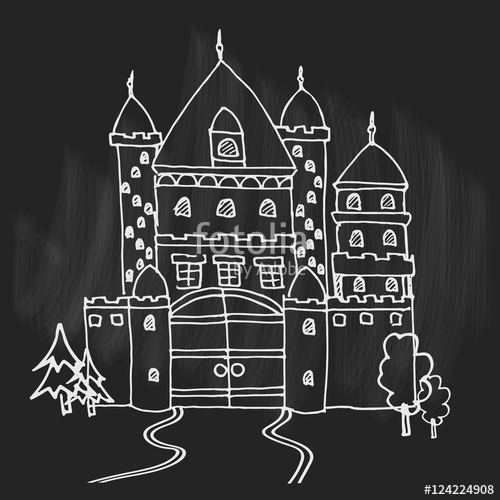 500x500 Hand Drawn Cartoon Fairy Tale Castle Icon. Vector Illustration - Magic Kingdom Sketch