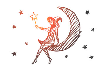 360x240 Vector Hand Drawn Halloween Magic Girl Concept Sketch. Halloween - Magic Wand Sketch