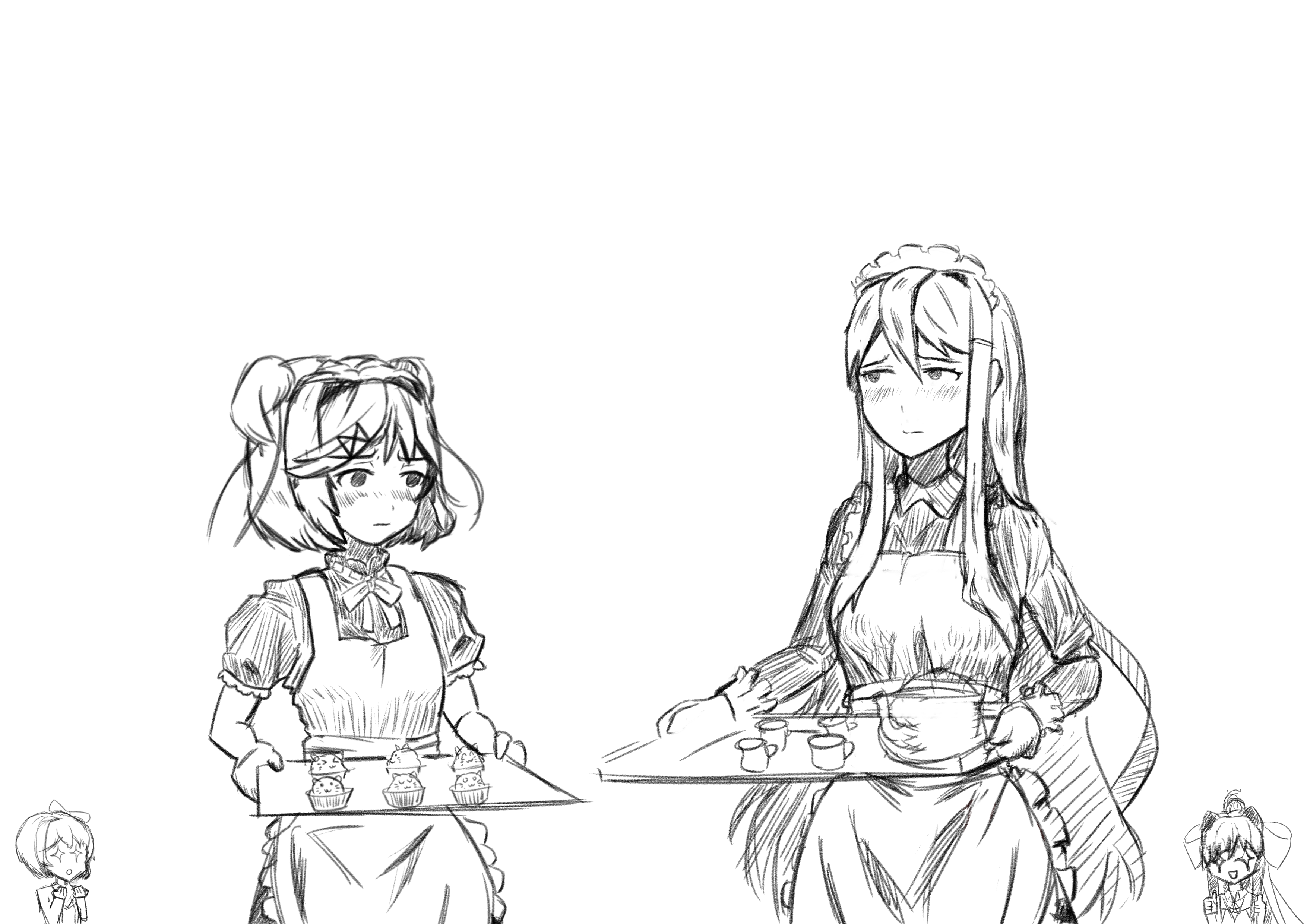 3508x2480 Oc Fanart] Maidsuki And Maid Yuri Sketch Ddlc - Maid Sketch