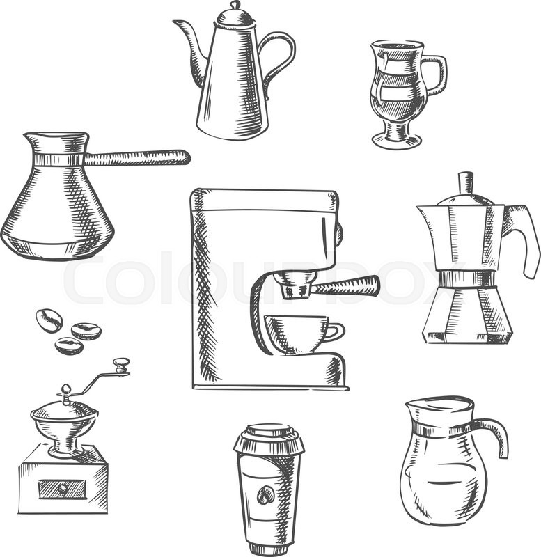 777x800 Beverage Icons With Grinder, Kettle, Pot, Sugar, Beans, Cups And - Maker Sketch