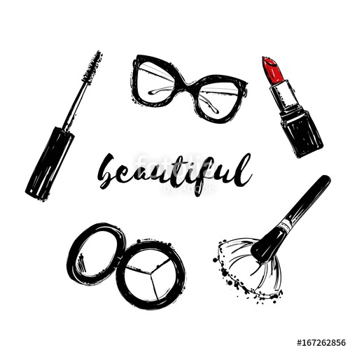 500x500 Vector Fashion Black And White Sketch. Hand Drawn Set Of Makeup - Makeup Brushes Sketch