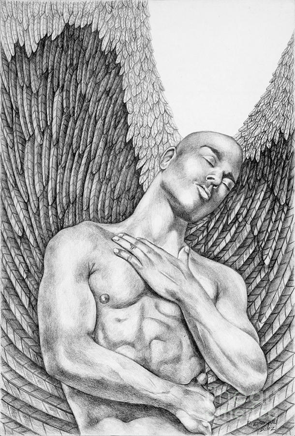 610x900 Contemplating Black Male Angel Drawing By Dawn Rosendahl - Male Angel Sketch