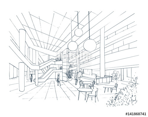 500x395 Modern Interior Shopping Center, Mall. Contour Sketch Illustration - Mall Sketch