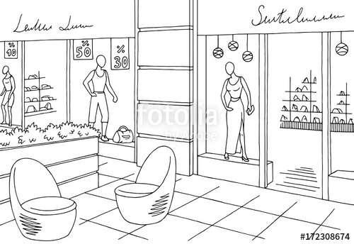 500x344 Shopping Mall Graphic Black White Interior Sketch Illustration - Mall Sketch