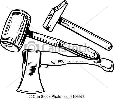 450x390 Tools. Hammer, Axe And Mallet On White Background. - Mallet Sketch