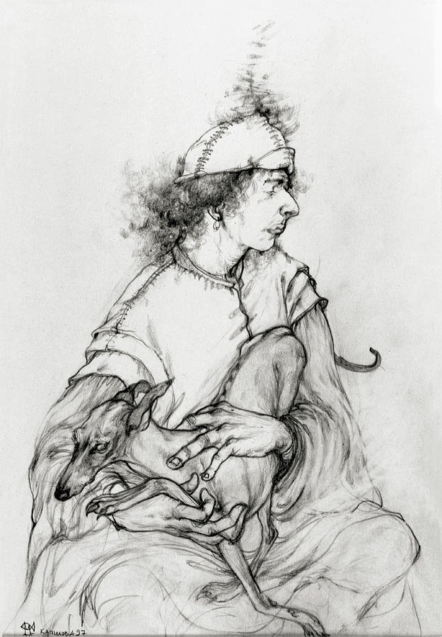 625x900 Young Man With A Dog Drawing By Marina Kapilova - Man And Dog Sketch
