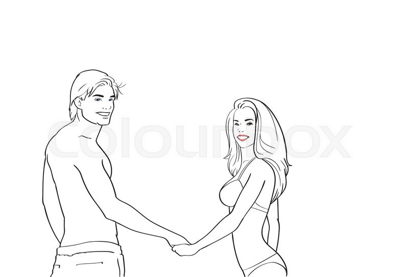 800x543 Couple In Swimwear Hold Hands, Man Woman Sketch Vector - Man And Woman Sketch