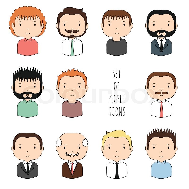 800x800 Set Of Colorful Male Faces Icons. Funny Cartoon Hand Drawn Faces - Man Cartoon Sketch