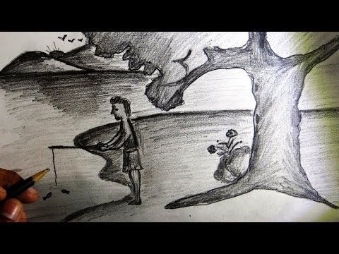 480x360 How To Draw Scenery A Man Fishing On The Bank Of A River - Man Fishing Sketch