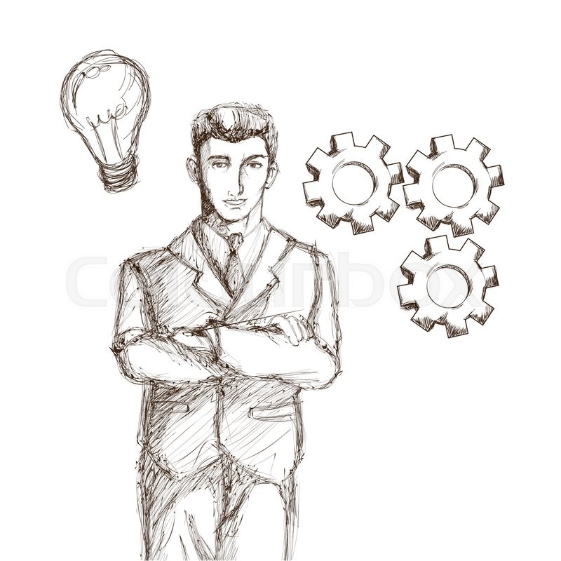 800x800 Businessman Bulb Gears Suit Man Male Cartoon Business Icon - Man In Suit Sketch
