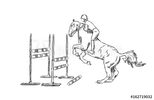 500x326 Sketch Of Man Rider On Bay Horse Jumping In Vector. - Man On Horse Sketch