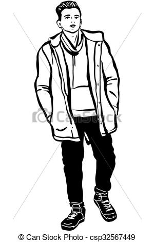 300x470 Sketch Of A Young Man In A Jacket And A Scarf. Black And White - Man Sketch