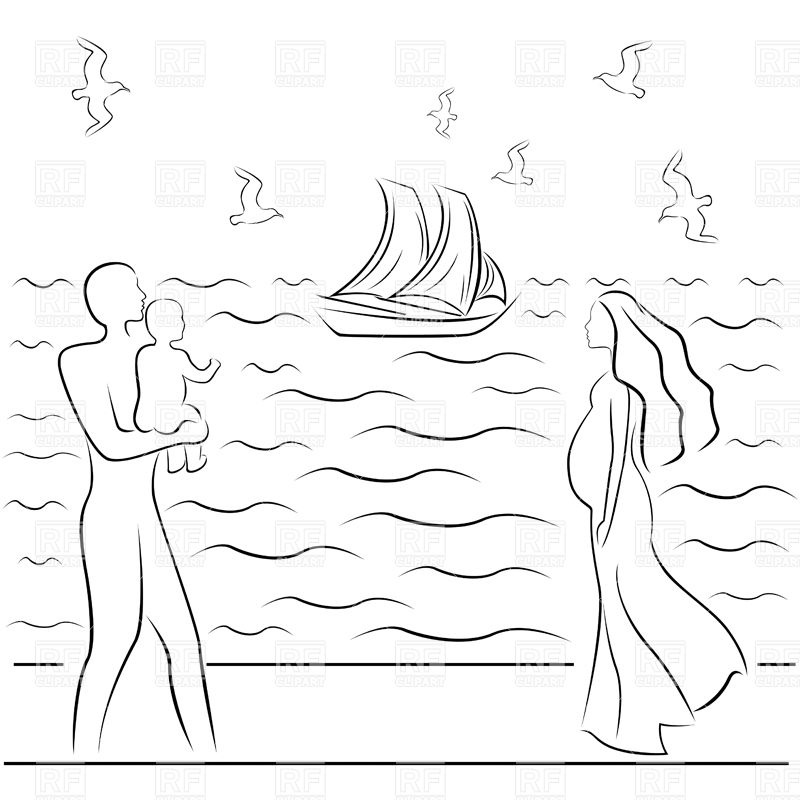 800x800 Pregnant Woman And A Man Holding A Baby On A Sea Coast - Man Woman Sketch
