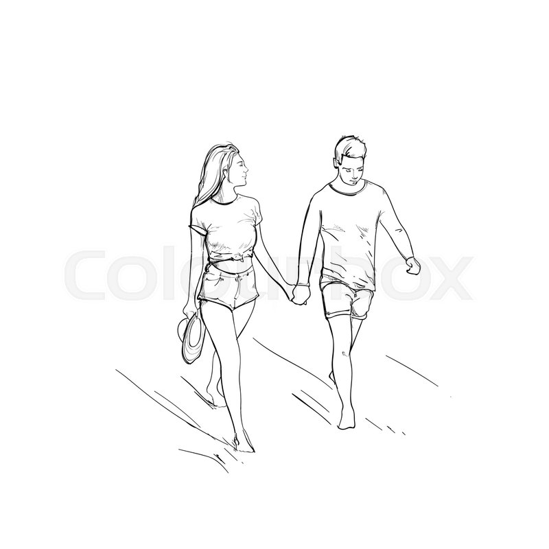 800x800 Romantic Couple Hold Hand Walking Man And Woman Sketch Vector - Man Woman Sketch
