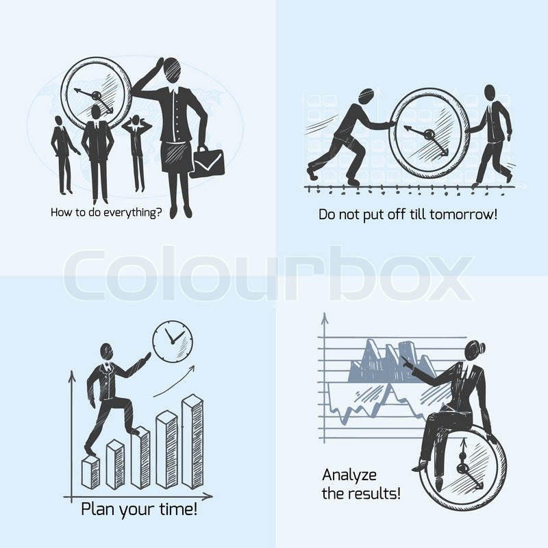 800x800 Time Management Composition Sketch Icons Set With Working People - Management Sketch