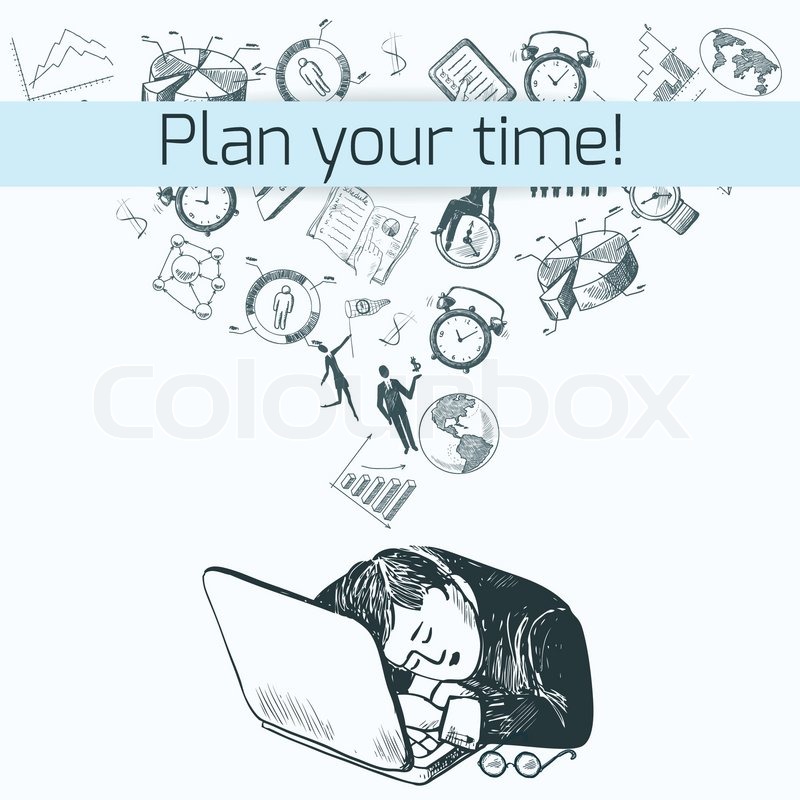 800x800 Time Management Poster Sketch With Business Icons And Sleeping Man - Management Sketch