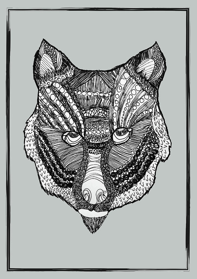636x900 Mandala Wolf Head Portrait Sketch Drawing Poster Mixed Media By Emily - Mandala Art Sketch