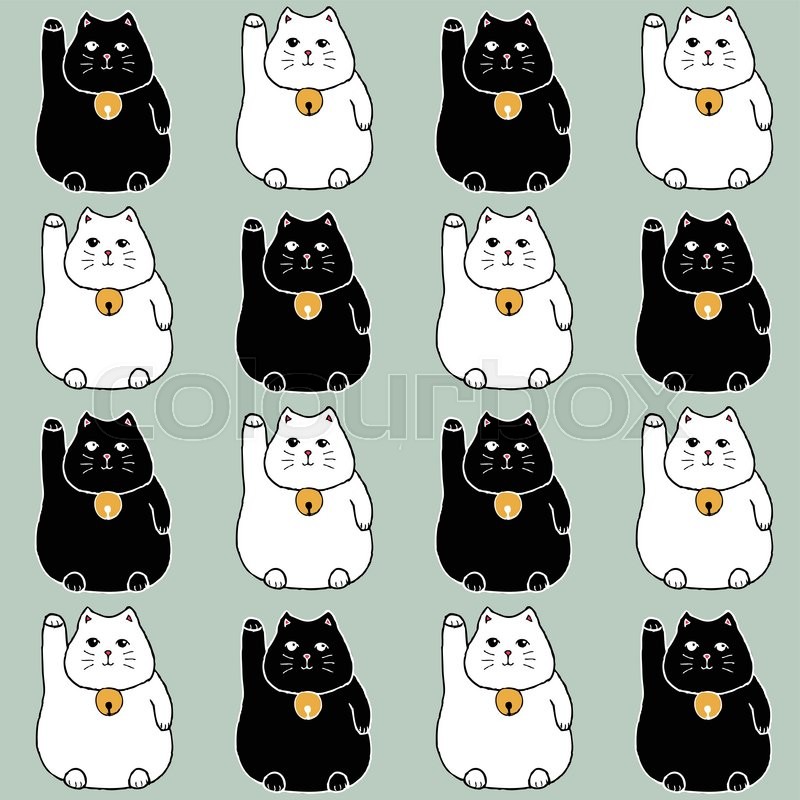 800x800 Sketch Maneki Neko Seamless Pattern In Vintage Style, Vector - Maneki Neko Sketch