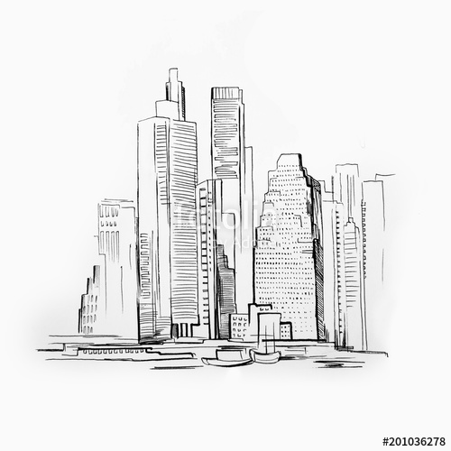 500x500 Sketch Of Skyscraper On White Background. Picture Of Manhattan - Manhattan Sketch
