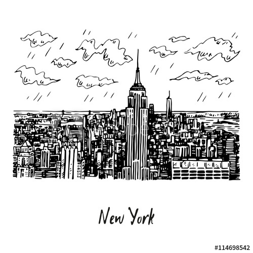 500x500 New York City Manhattan Skyline View, Usa. Sketch By Hand. Vector - Manhattan Skyline Sketch