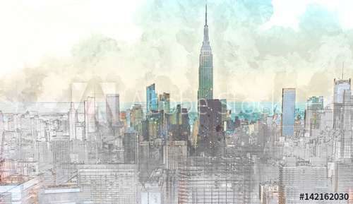 500x289 Sketch Of The Manhattan Skyline Cityscape - Manhattan Skyline Sketch
