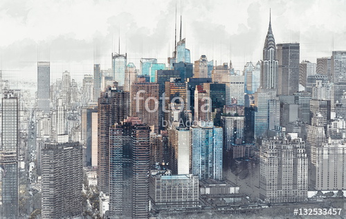 500x316 Sketch Of The Manhattan Skyline Cityscape Stock Photo And Royalty - Manhattan Skyline Sketch