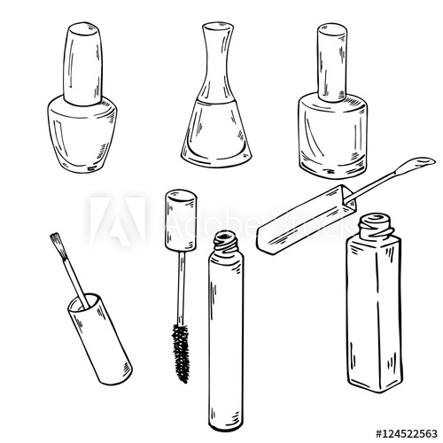 500x500 Set Of Makeup And Manicure, Fashion Ink Sketch. Hand Dawn Vector - Manicure Sketch