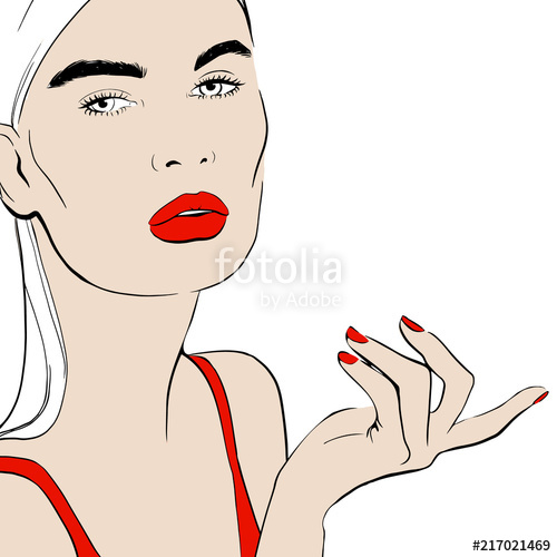 500x500 Beautiful Girl Face With Red Lips, Lush Eyelashes, Hand With Red - Manicure Sketch