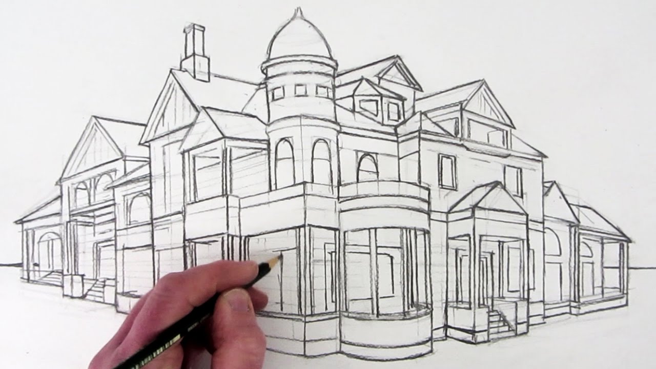 1280x720 How To Draw A House In 2 Point Perspective Narrated - Mansion Sketch