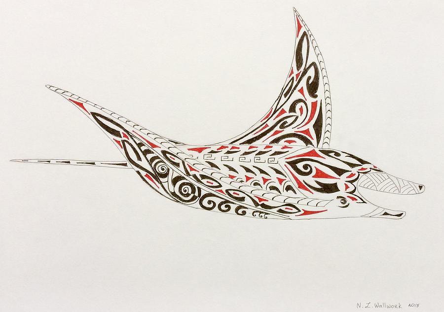 900x633 Manta Ray With Tribal Tattoo Drawing By Natalia Wallwork - Manta Ray Sketch