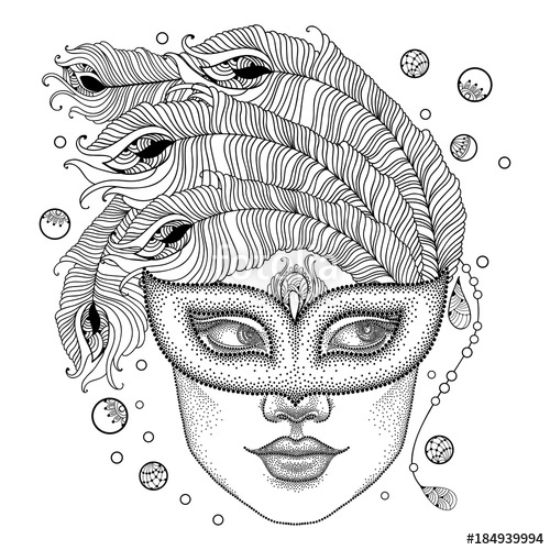 500x500 Vector Woman Face In Dotted Carnival Mask With Outline Peacock - Mardi Gras Mask Sketch