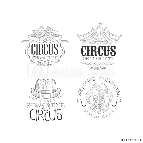 500x500 Vector Set Of Sketch Style Emblems For Circus And Mardi Gras - Mardi Gras Sketch