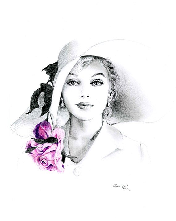 570x713 Pencil Drawing Black And White Marilyn Monroe With Hat And Etsy - Marilyn Monroe Black And White Sketch