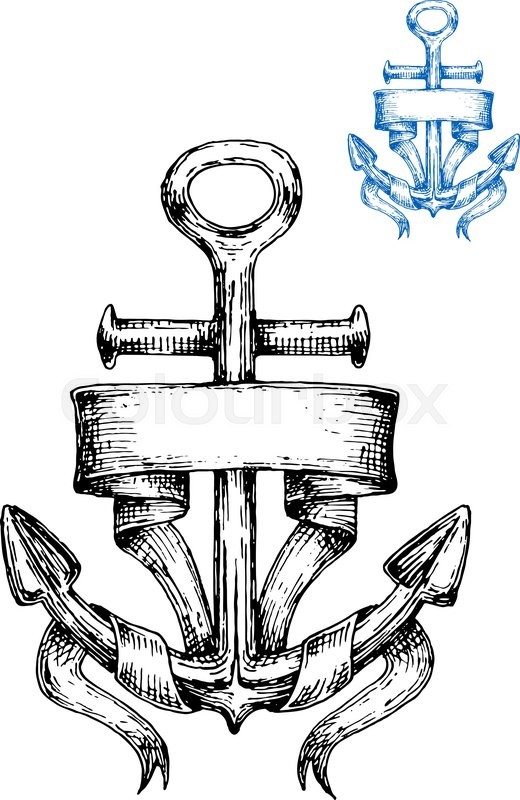 520x800 Vintage Marine Anchor Wrapped With Blank Ribbon Banner, Sketch - Marine Sketch