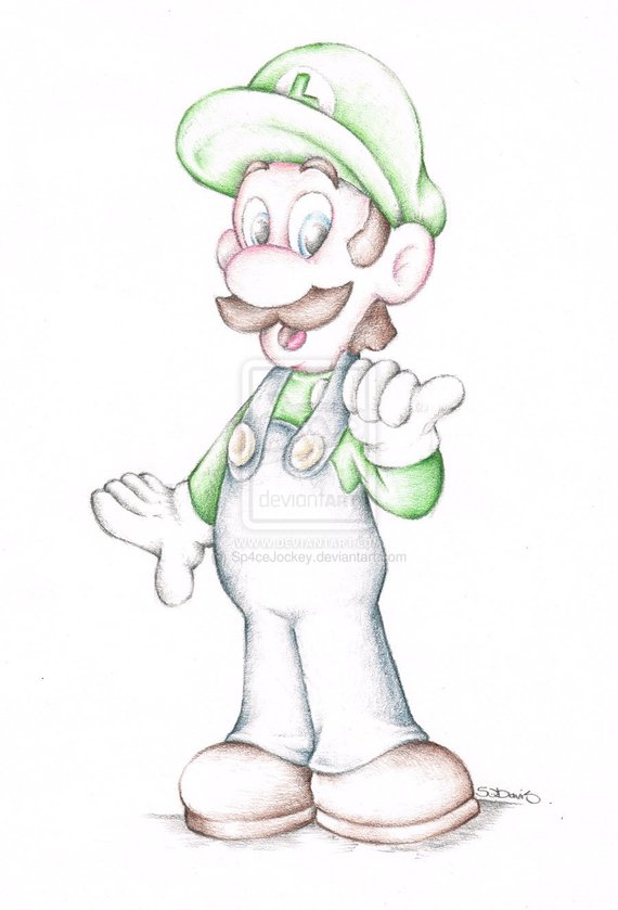 570x839 Super Mario Brothers Luigi Nintendo Art Coloured Pencil Etsy - Mario And Luigi Sketch