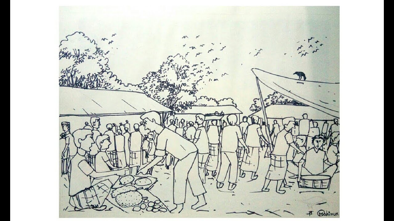 1280x720 How To Draw A Village Market Step By Step For Students. - Market Sketch