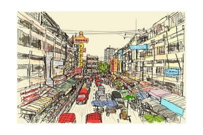 400x267 Sketch Thai Local Market Place In Chiangmai, Free Hand Draw Vector - Market Sketch